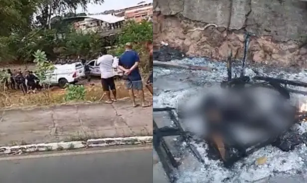 Cena do crime na Avenida dos Franceses, em São Luís, onde corpo foi encontrado carbonizado em prédio abandonado. Polícia investiga sinais de mutilação.