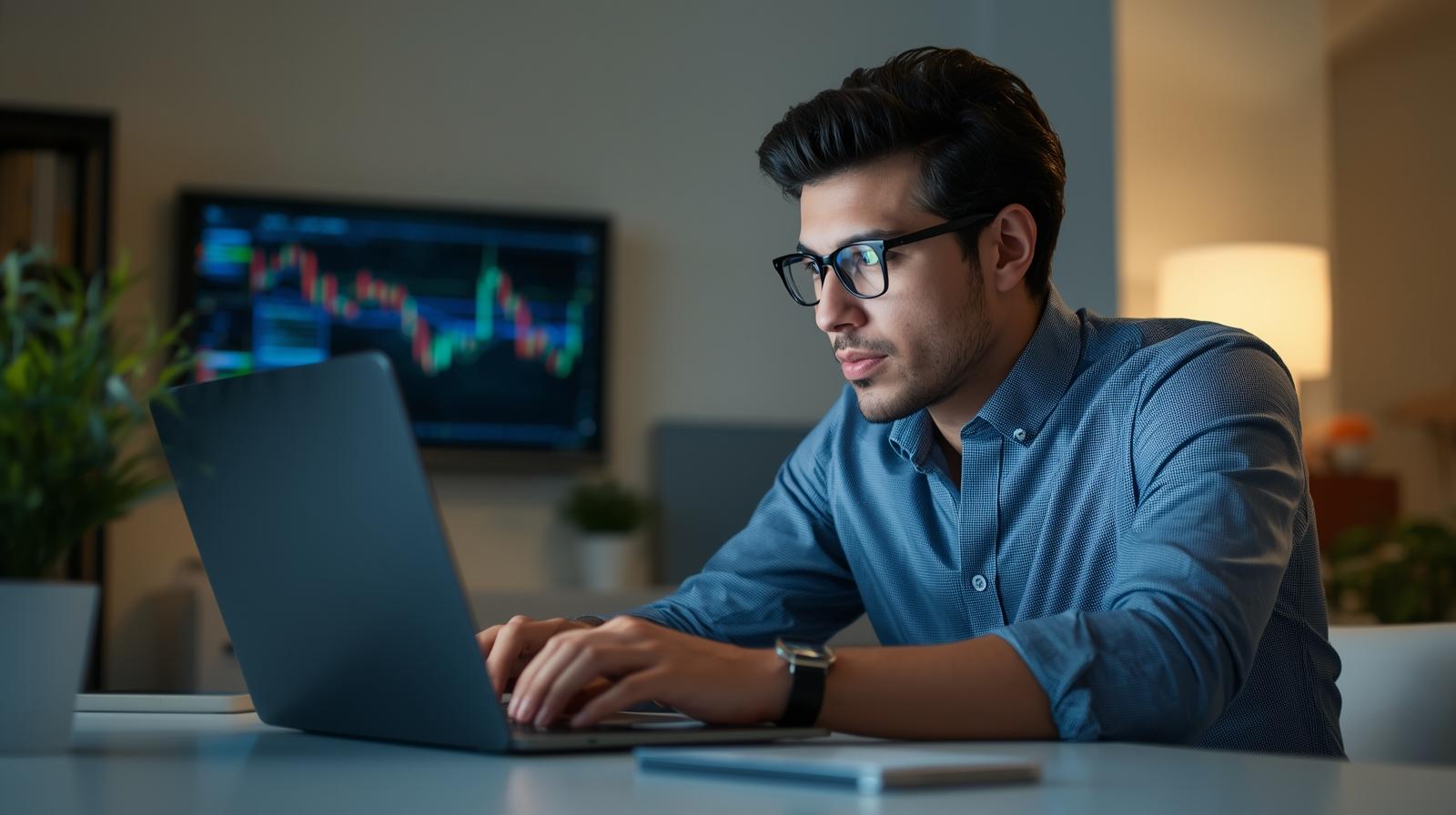 Investidor iniciante acompanhando cotações no notebook — é possível começar na Bolsa de Valores com valores baixos e disciplina.