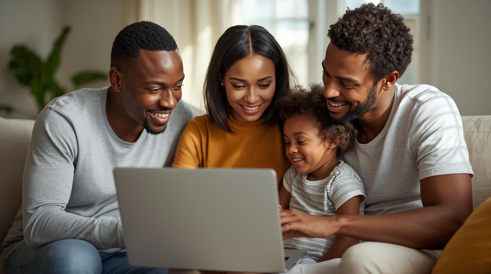 Família reunida organizando as finanças mensais com planilha digital — passo essencial para conquistar estabilidade financeira.